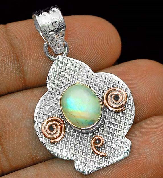 Two Tone Natural Rainbow Moonstone -India 925 Sterling Silver Pendant