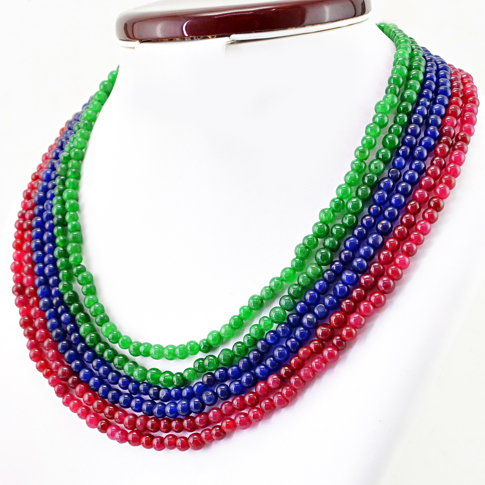 613.50 CTS EARTH MINED 6 LINE RUBY, EMERALD & SAPPHIRE ROUND BEADS NECKLACE