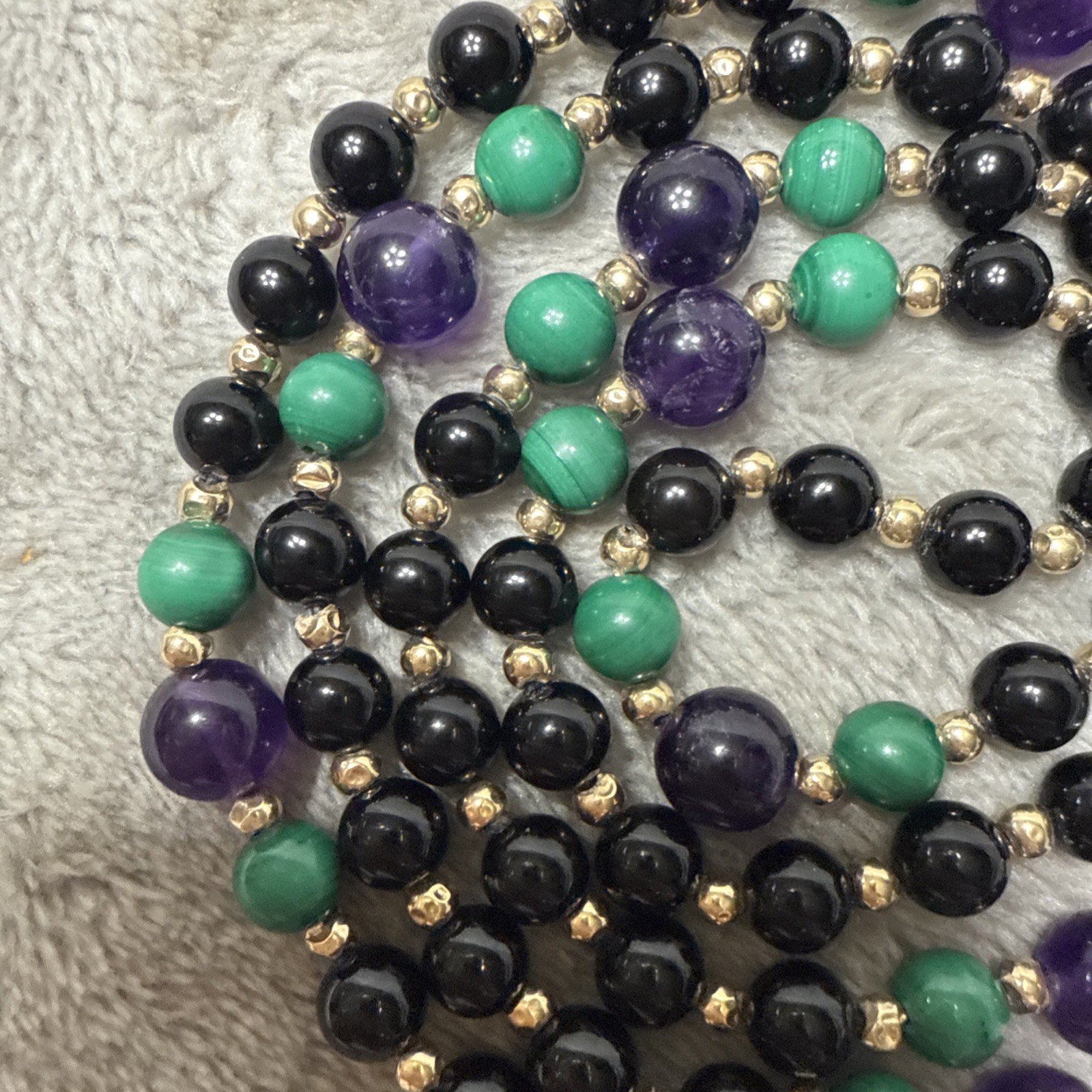 Yellow 80+ Gold Beads Spacer Black Onyx Amethyst Long Bead Necklace 26” 31g