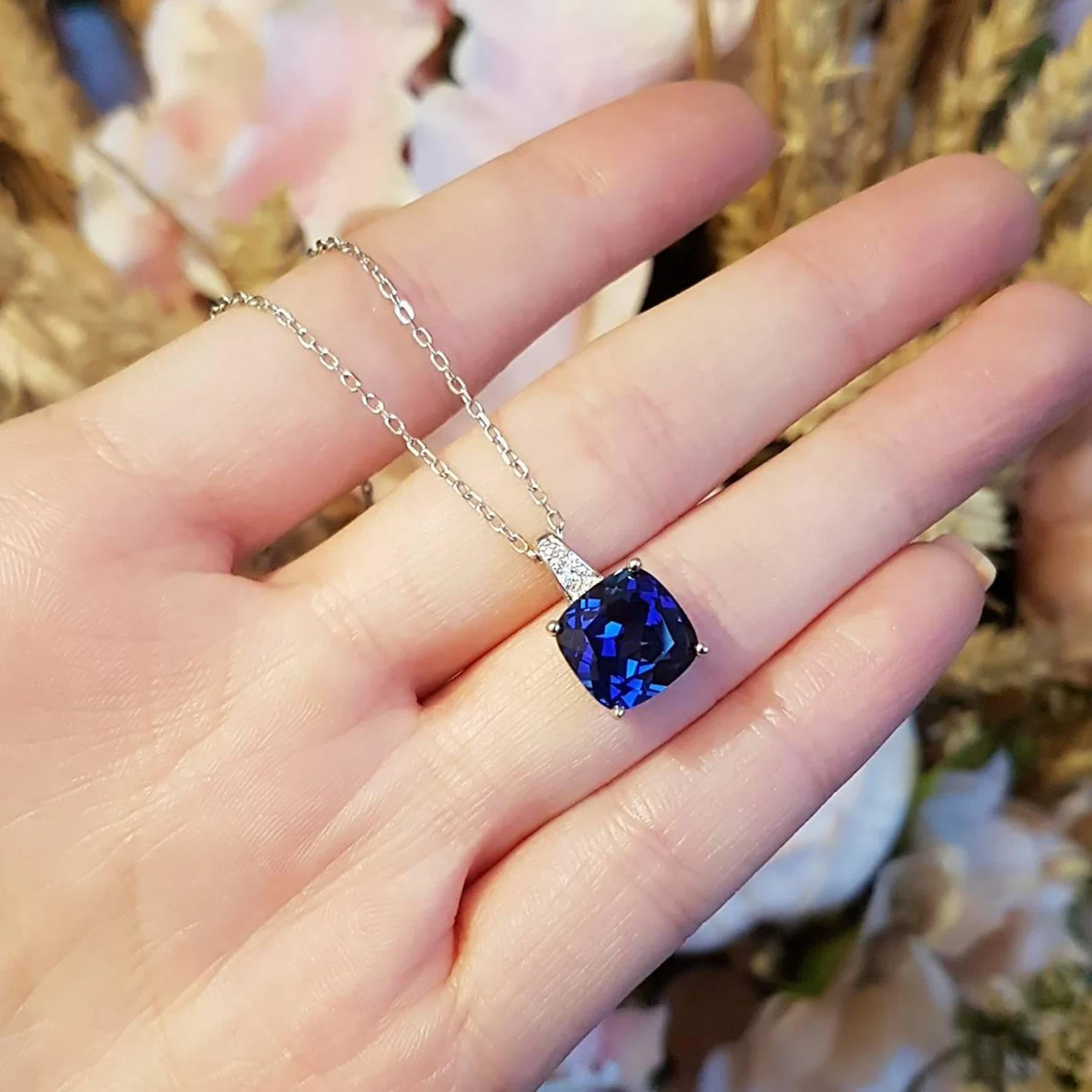 3.00 Ct Cushion Cut Natural Sapphire Diamond Gorgeous Pendant 14K White Gold
