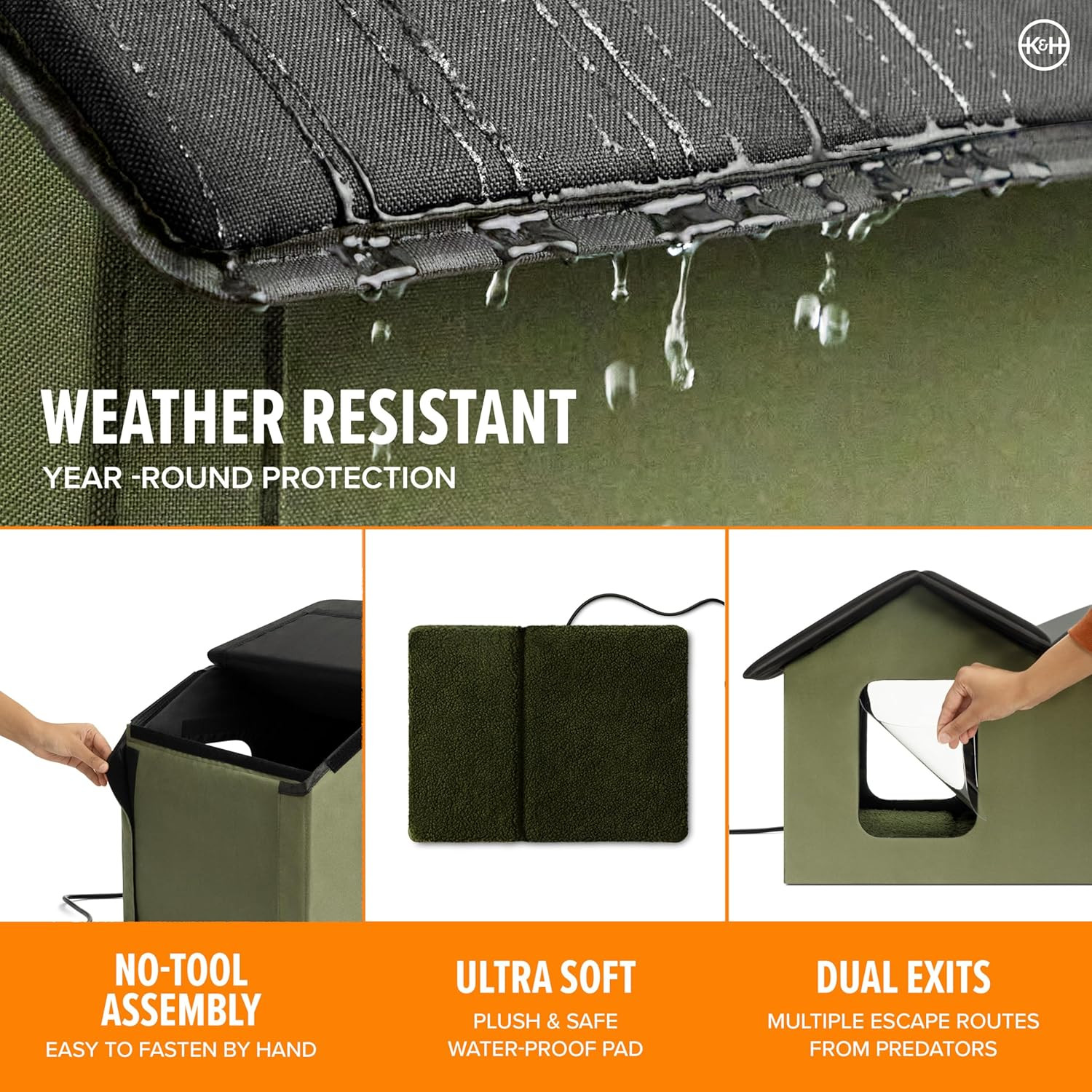 Extra-Wide Heated Cat House for Outside, Outdoor Cat House with 2 Safe Escape Do