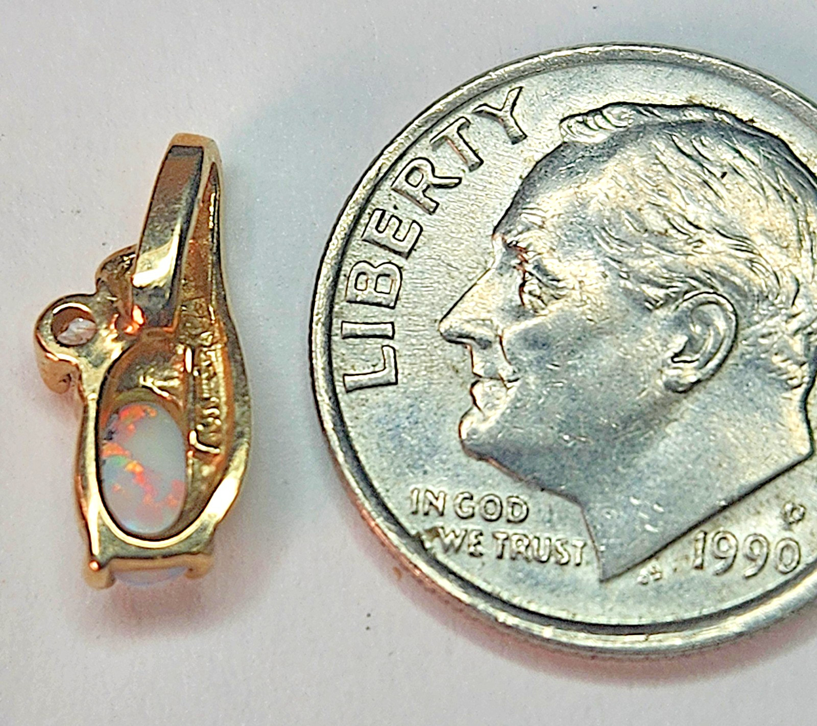 Petite 10k Yellow Gold Oval White Opal Pendant in Prong Setting Charm Pendant