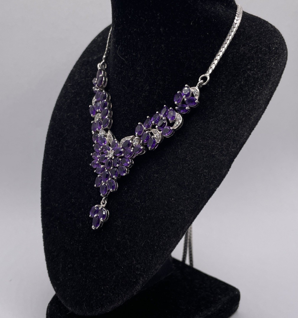 Amethyst & White Stone Set Elegant Sterling Statement Necklace 17.5in (15.65g)