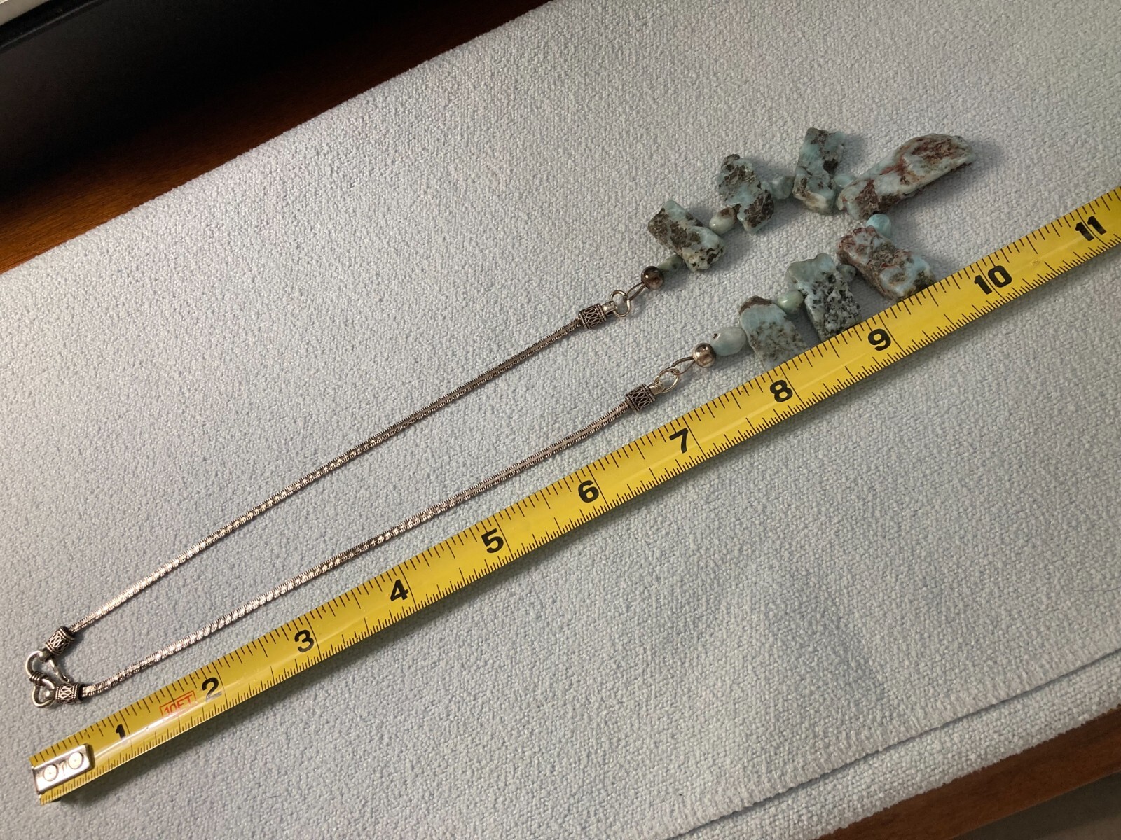 .925 Sterling Silver 20″ Rough Cut Nuggets Larimar Necklace Bali style chain