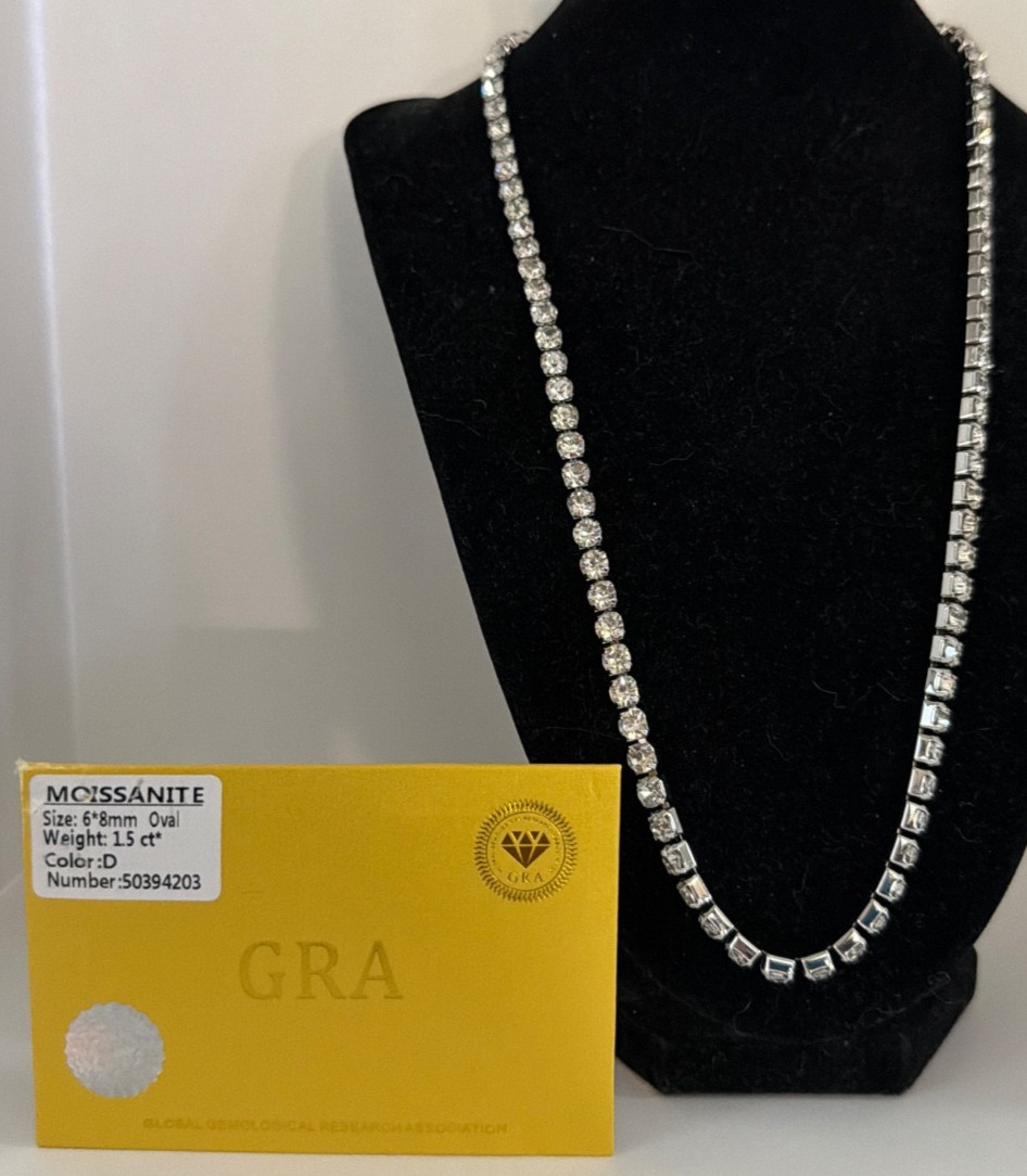 1.5ct Moissanite Silvery Tennis Chain Necklace VVS D Color Pass Tester COA New