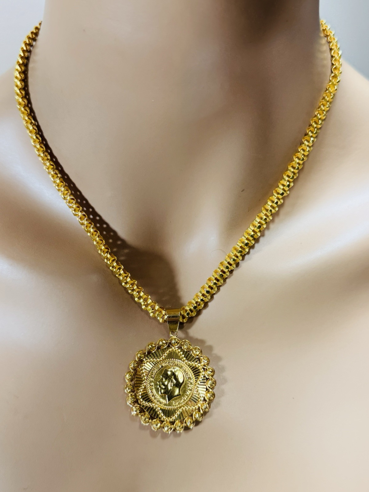 Solid Pure Genuine 22K 916 Dubai Gold Rare Coin Necklace 17.5/18 Inch 6mm 25.14g