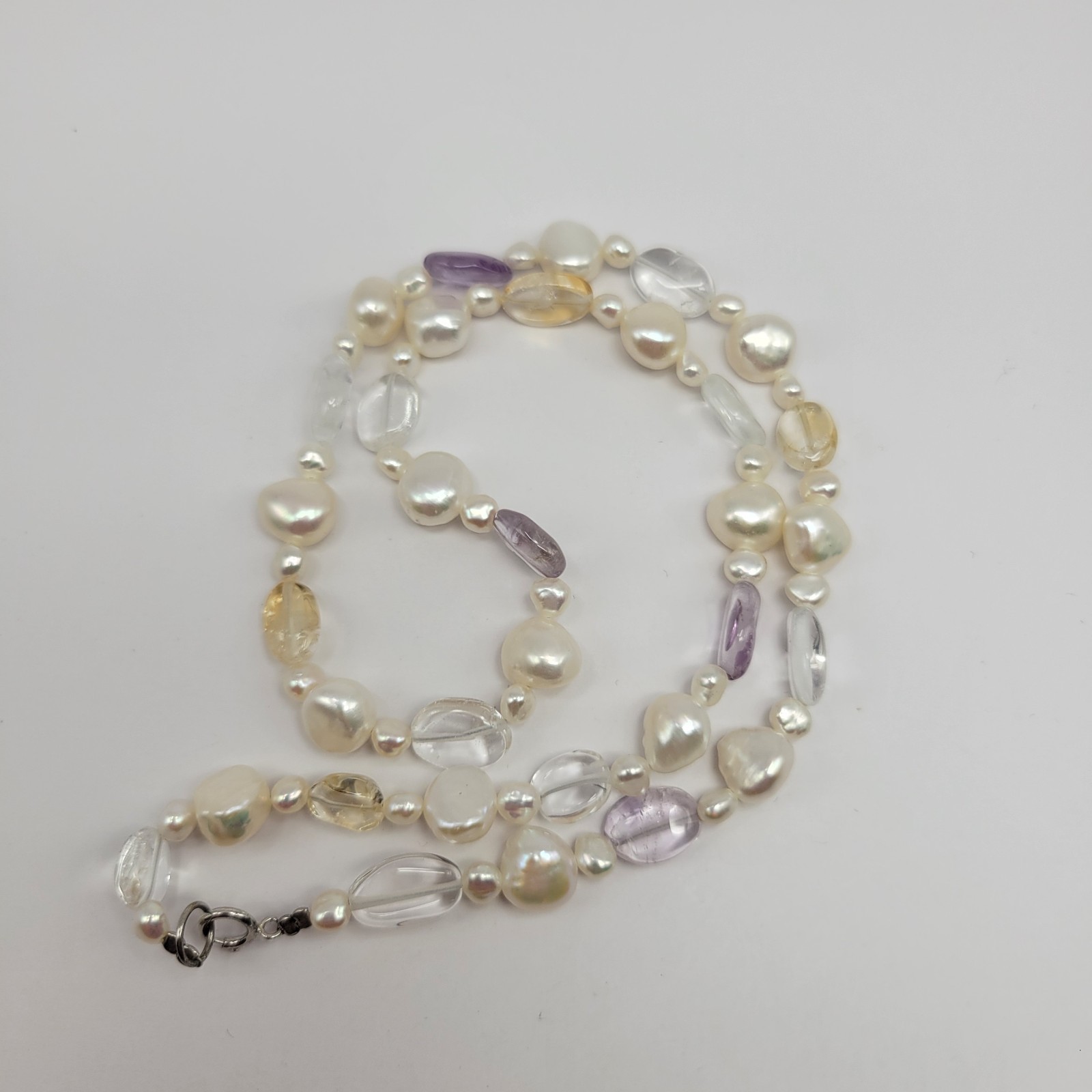 Sterling Silver Keshi Baroque Freshwater Pearl Amethyst Citrine Necklace ~ 16″