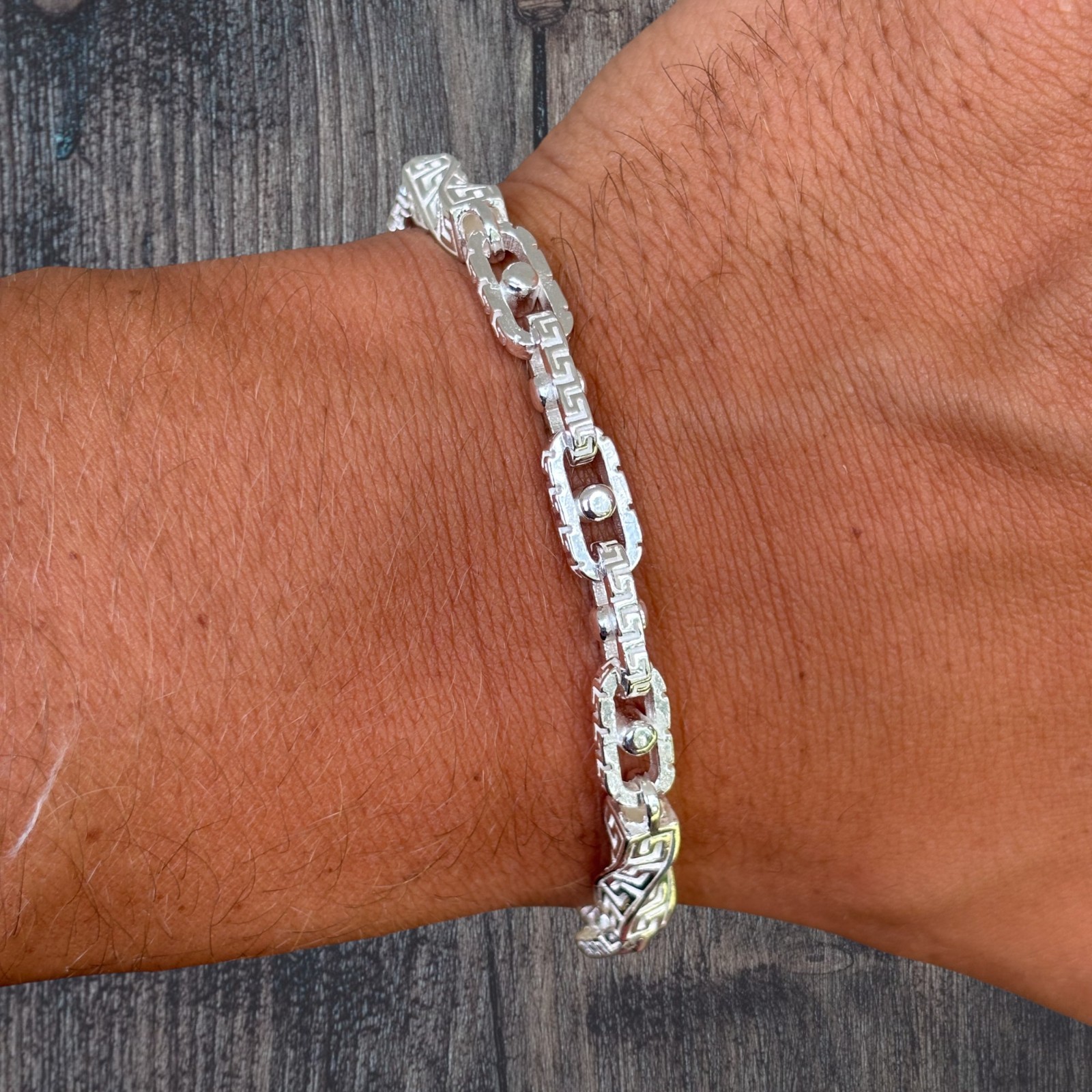 7mm Greek Key Rolo Link Bracelet – Real Solid 925 Sterling Silver MADFE IN ITALY