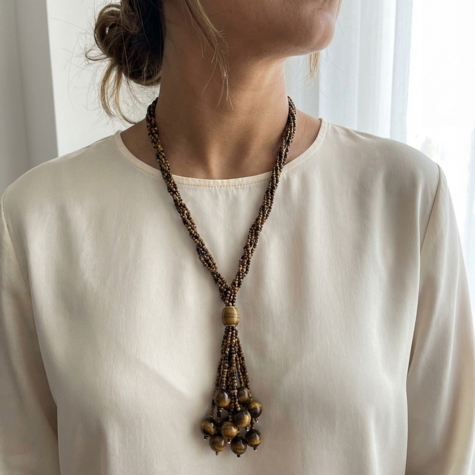 Tiger Eye Bead Necklace 19in 18K Gold Clasp 5 Strand