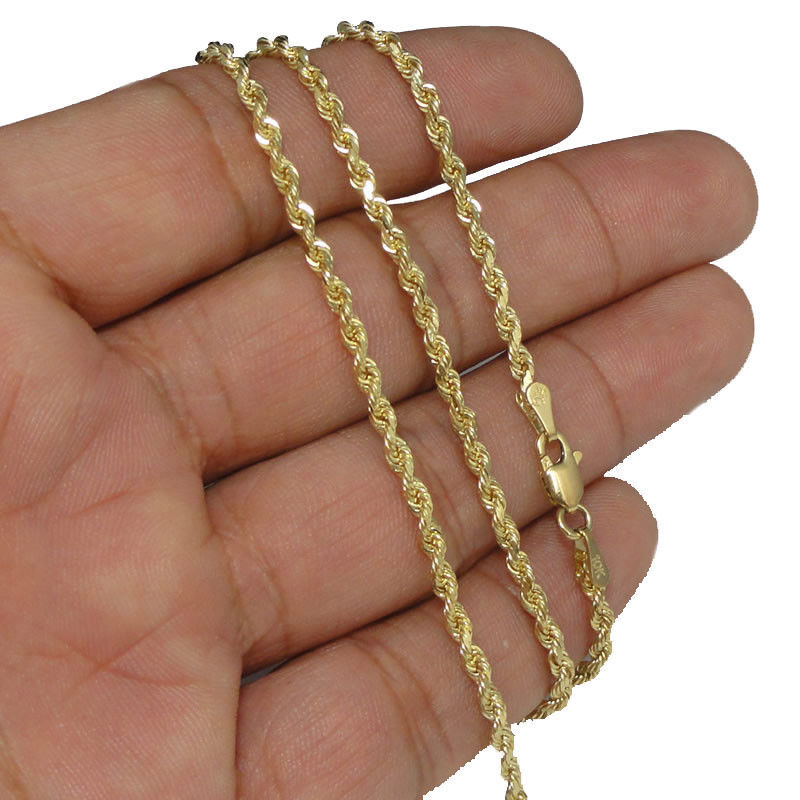 Real 10K Yellow Gold Diamond Cut Cross Charm Pendant & 2.5mm Rope Chain