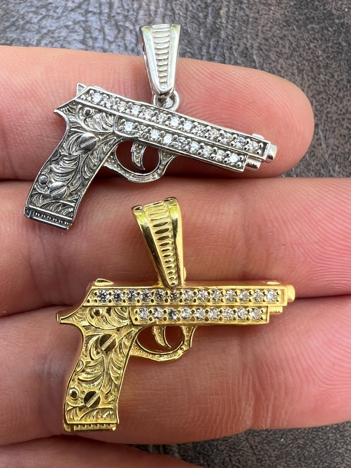 Real 925 Silver / 14k Gold Plated Gun Desert Eagle Pistol Pendant Necklace CZ