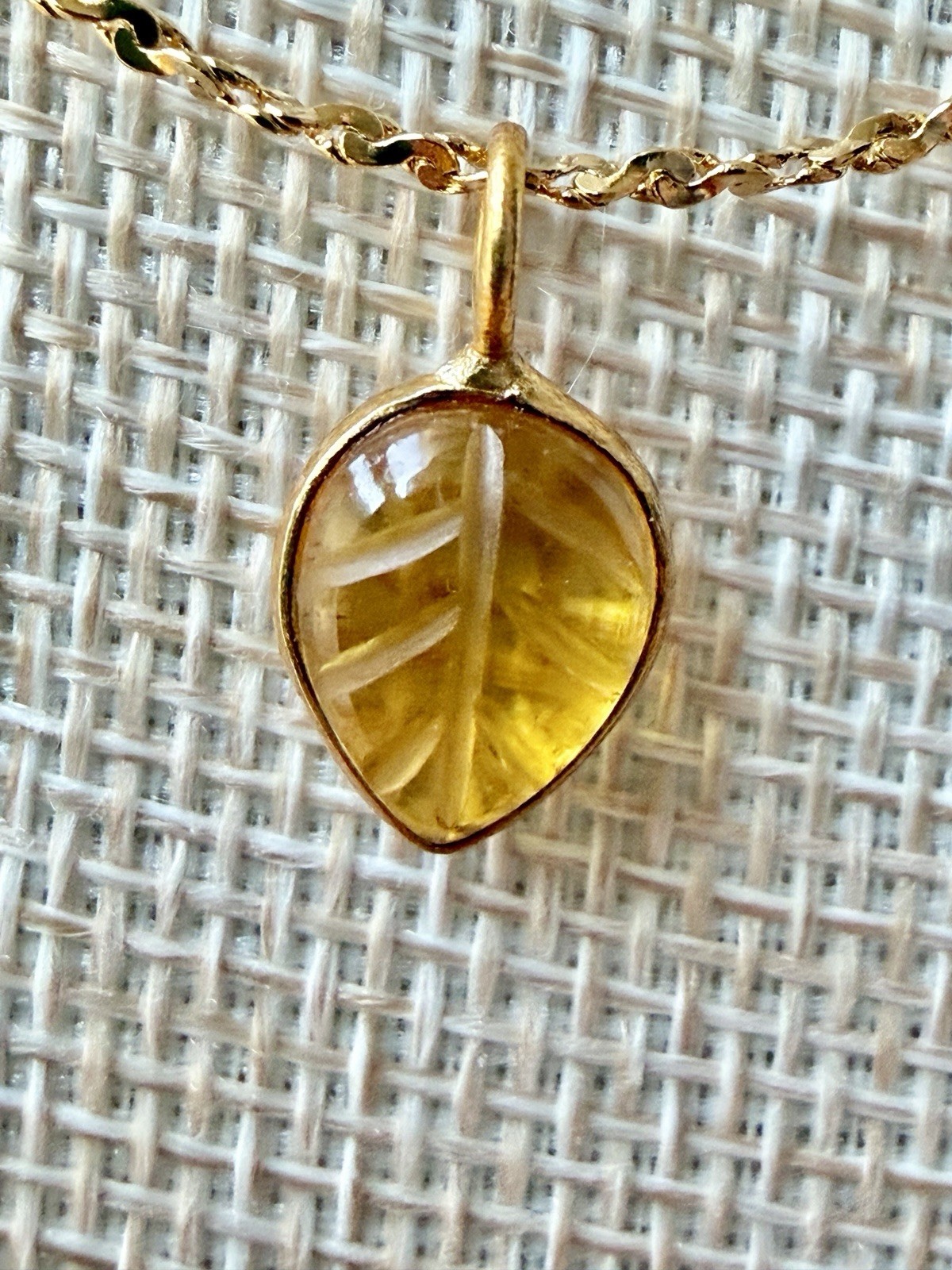 Handmade Carved Citrine Leaf Pendant Necklace 14K Gold Plated Twisted Nugget
