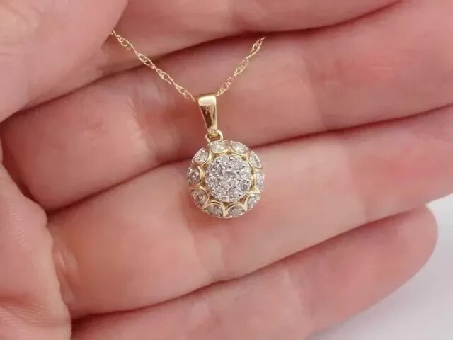 2Ct Round Tester Pass Moissanite Cluster Pendant 14K Yellow Gold Plated Silver