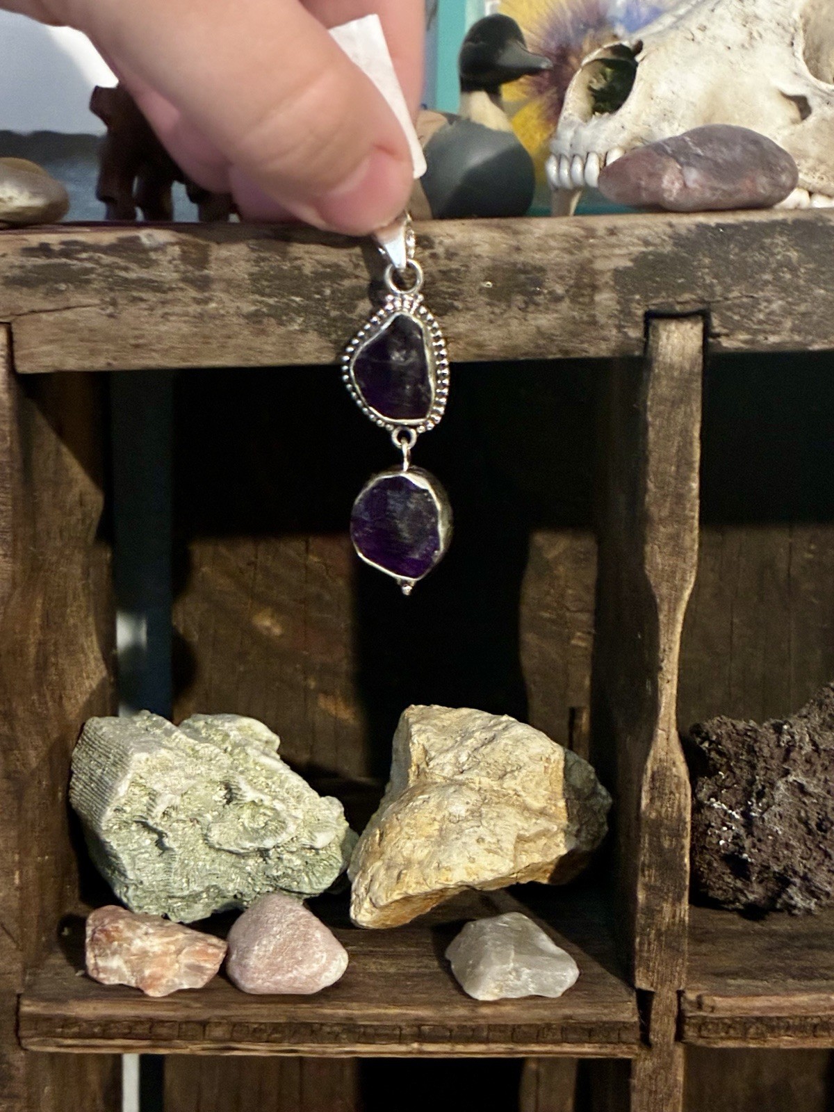 925 Sterling Silver Purple Amethyst Double Drop Pendant Charm MPN E039