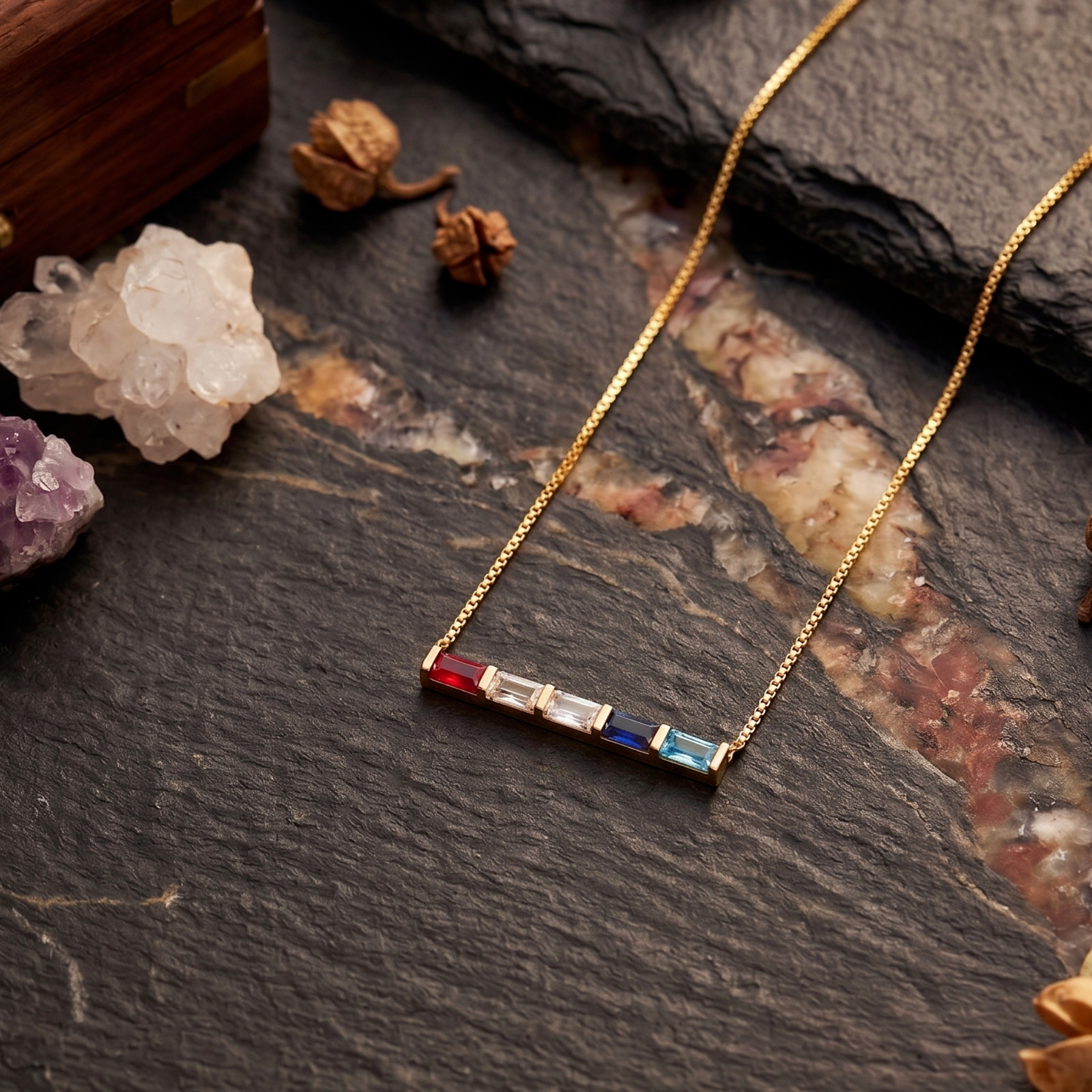 925 Sterling Silver Custom Baguette Birthstone Bar Necklace