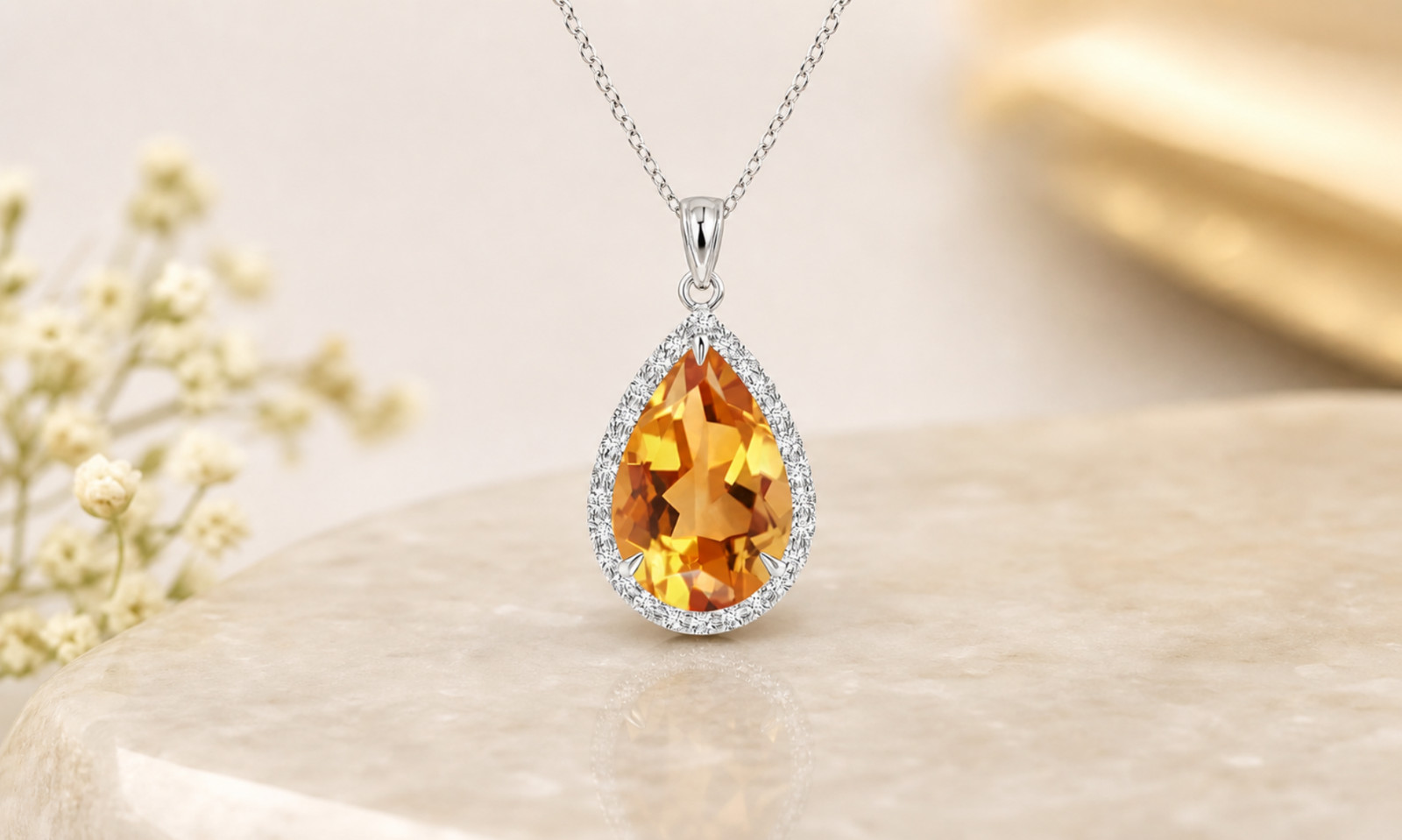 925 Sterling Silver 4 Carat Citrine Pear Halo Pendant Necklace Womens 18 Inch