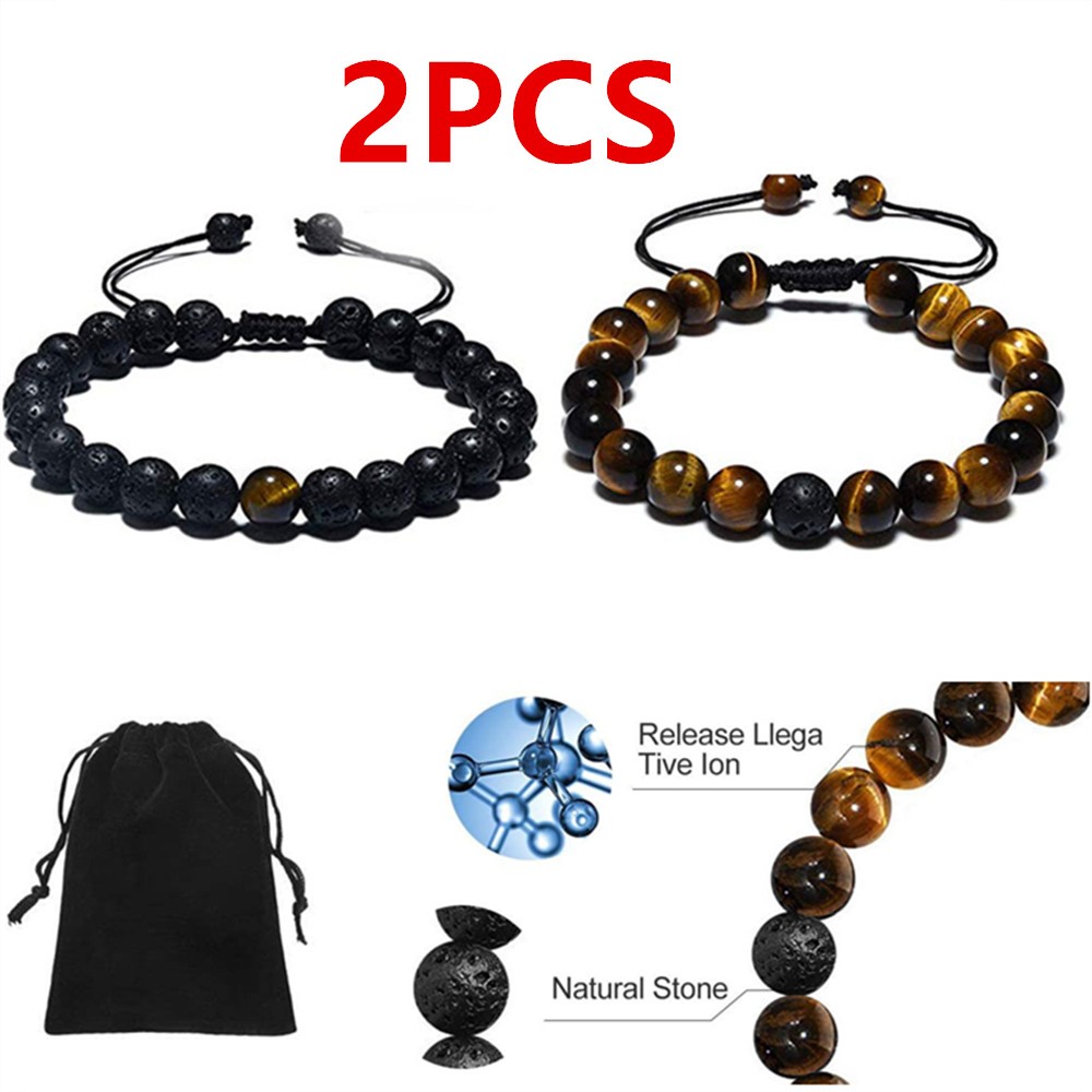 2PCS 8mm Triple Bracelets Adjustable Natural Tiger Eye Lava Rock Beaded Bracelet