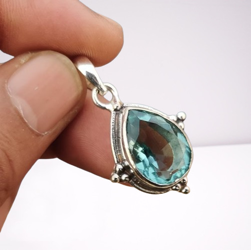 Aquamarine Gemstone Pendant 925 Sterling Silver Handmade Bohemian Pendant 1.88″