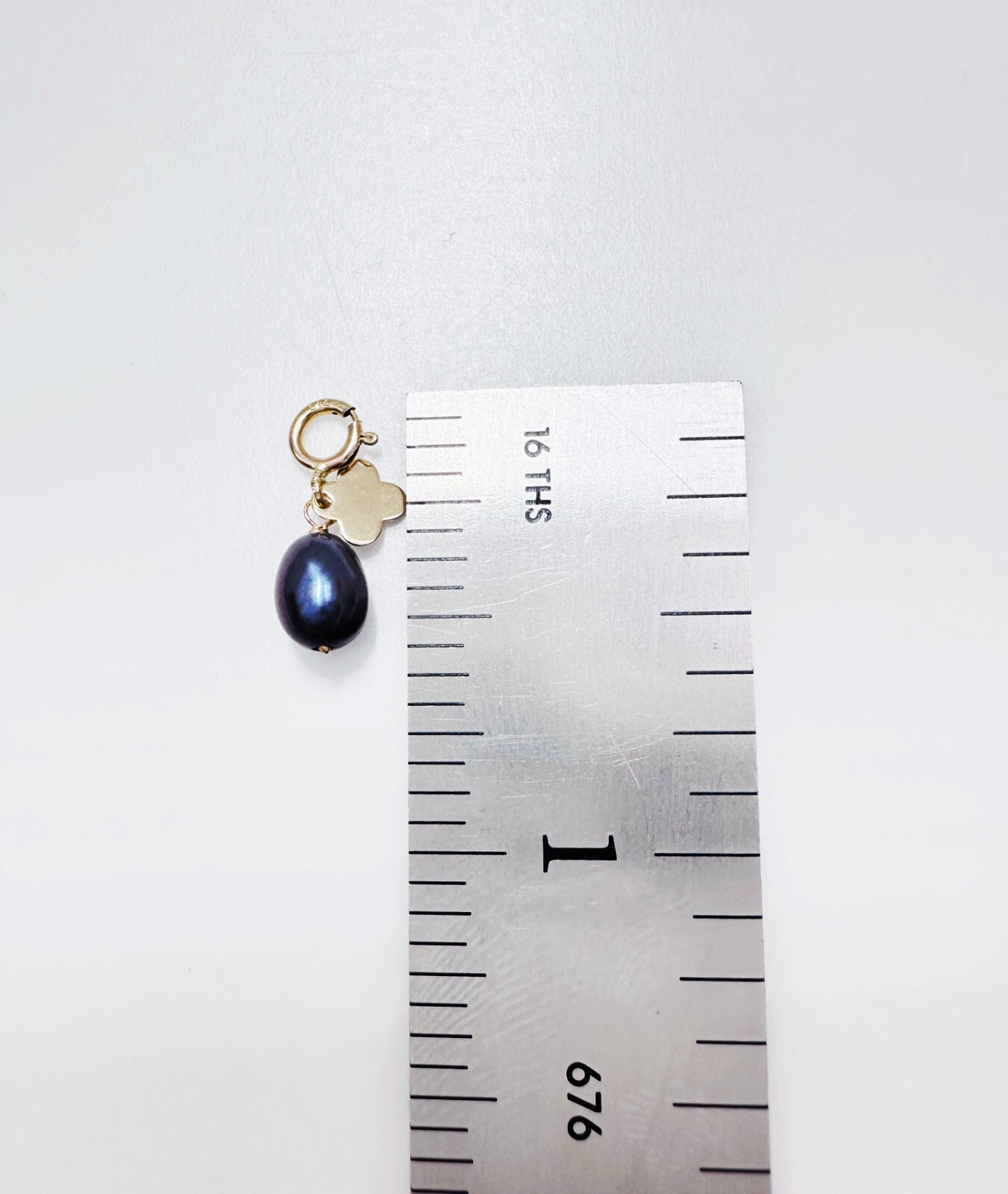 14K Solid Yellow Gold Mini Peacock Pearl & Clover Charm Pendant w/Spring Clasp