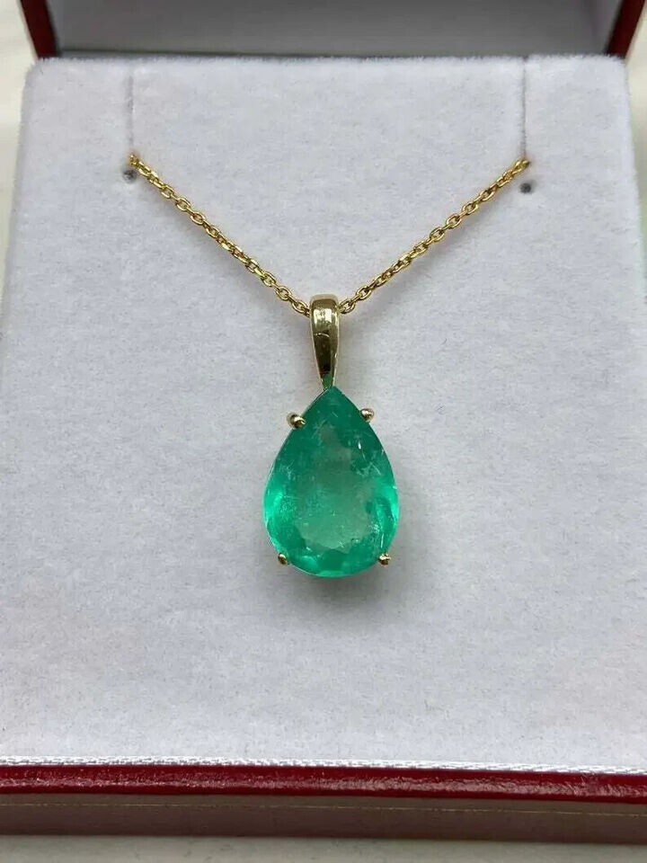 3.00 Ct Pear Cut Green Emerald Pendant Necklace W/18″ 925 Sterling Silver