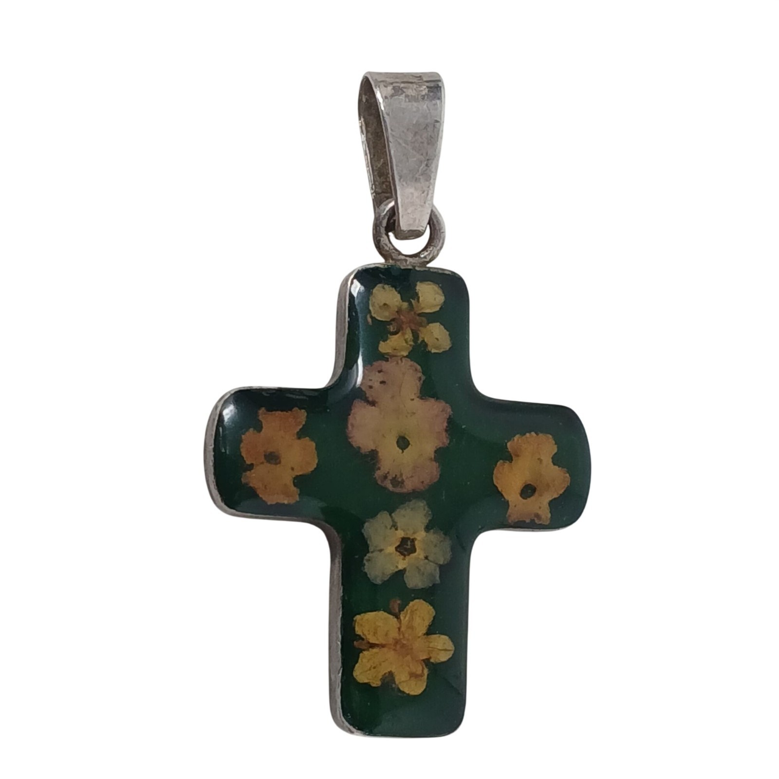 Handmade Sterling Silver Cross Pendant Real Pressed Flowers In Resin 1.5/8″ #G-4