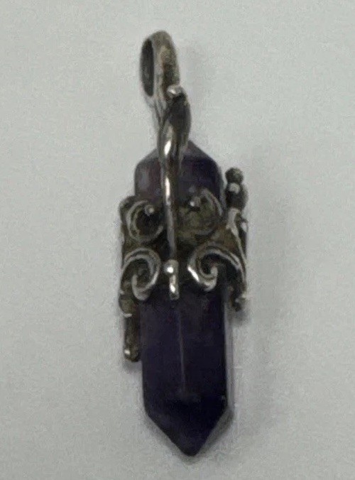 Amethyst Crystal Point Pendant Ornate Silver Tone Filigree Boho 1”