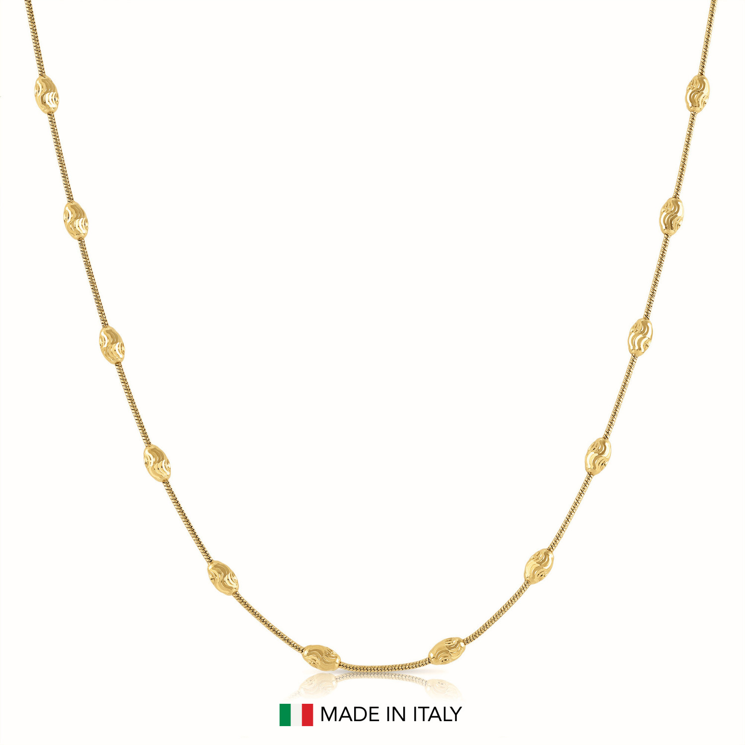 Gold Diamond-Cut Oval-Shape Beaded Italian Necklace 16″-20″ 925 Sterling Silver