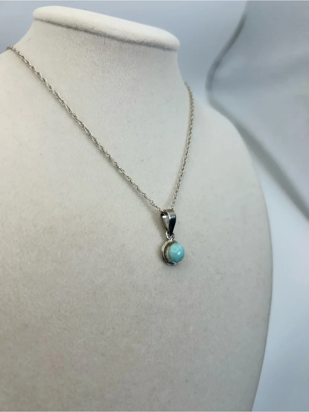 Sterling Silver Larimar Pendant Necklace 18″ Stamped 925 Soft Aqua Blue Stone