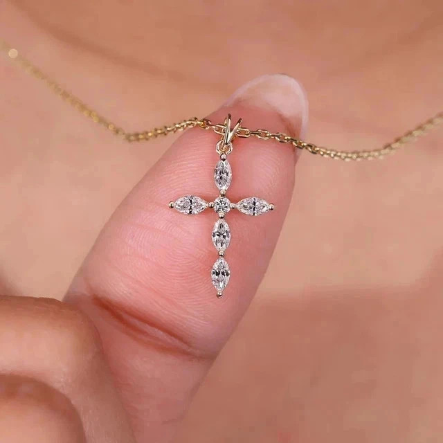 1Ct Marquise Cut Lab Created Diamond Women’ Cross Pendant 14K Yellow Gold Plated