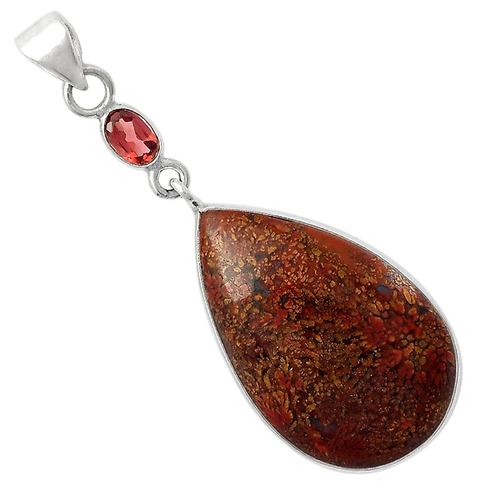 Natural Red Moss Agate & Garnet 925 Sterling Silver Pendant Jewelry P-1098