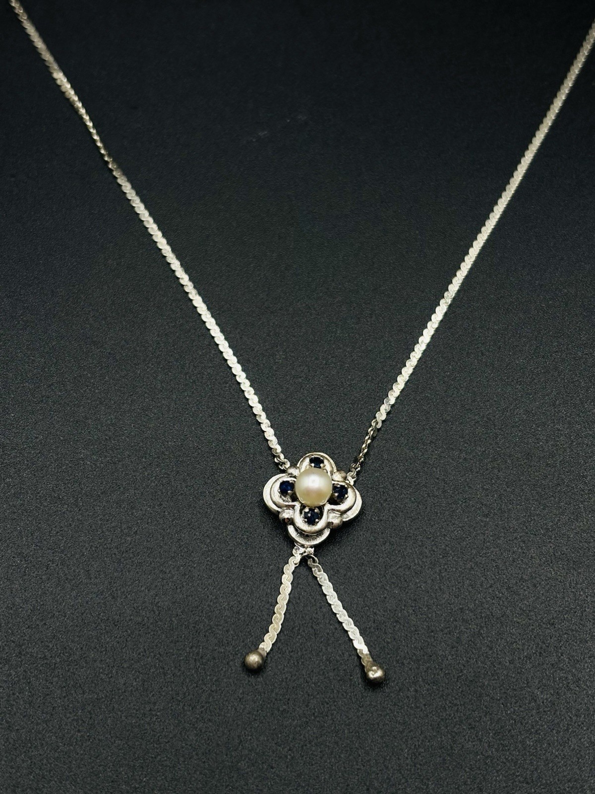 Vintage 835 German Silver Genuine Sapphire & Pearl Pendant Necklace 16.5”