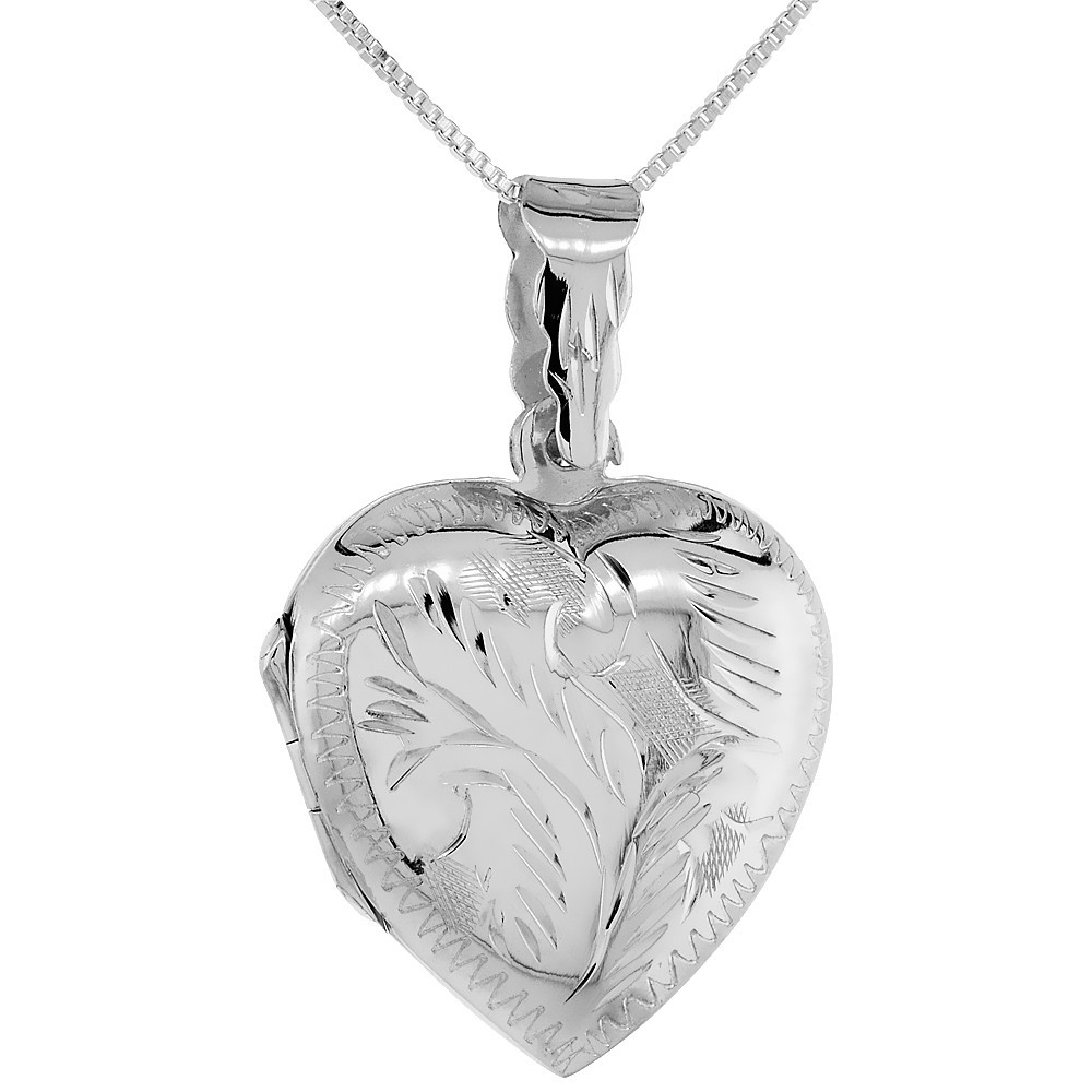 925 Sterling Silver Floral Engraved Heart Locket Pendant 1 Inch (25mm) Tall
