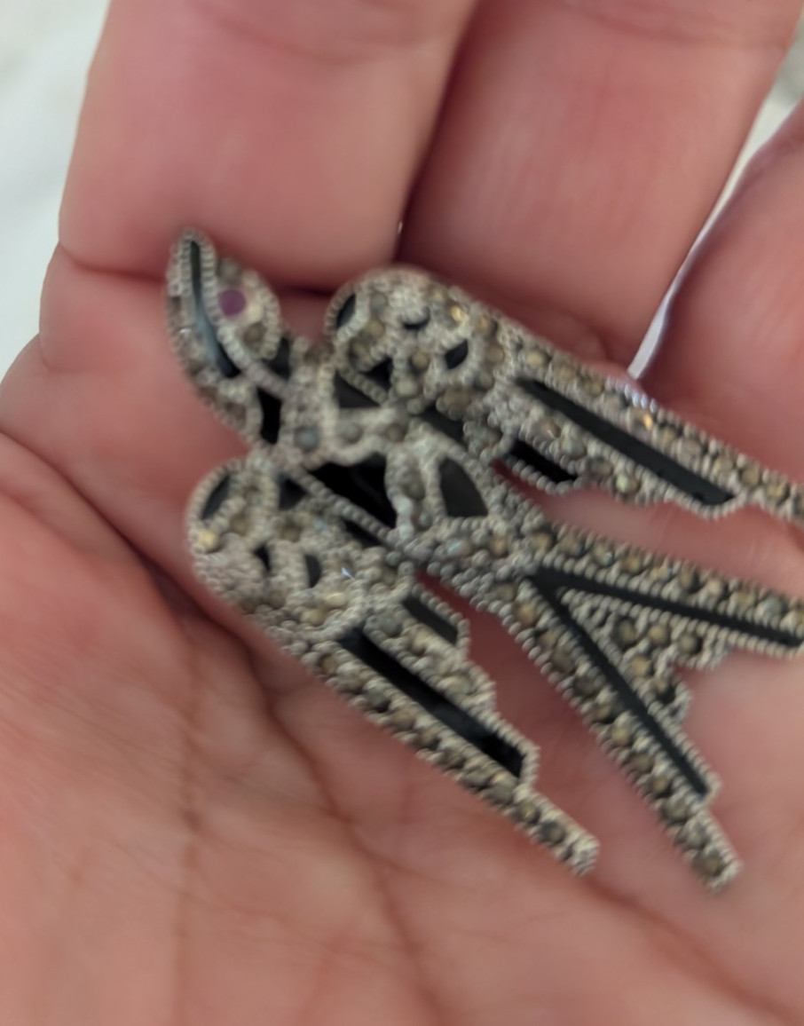 Beautiful Sterling black enamel and marcasite swallow pin/pendant