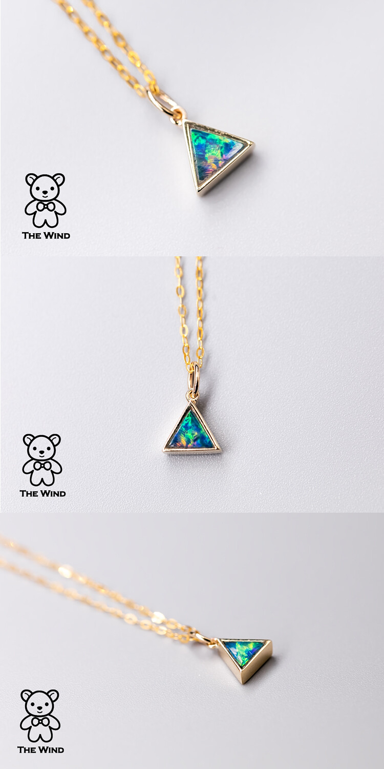 Minimalist Triangle Australian Doublet Opal Pendant Necklace 14K Yellow Gold