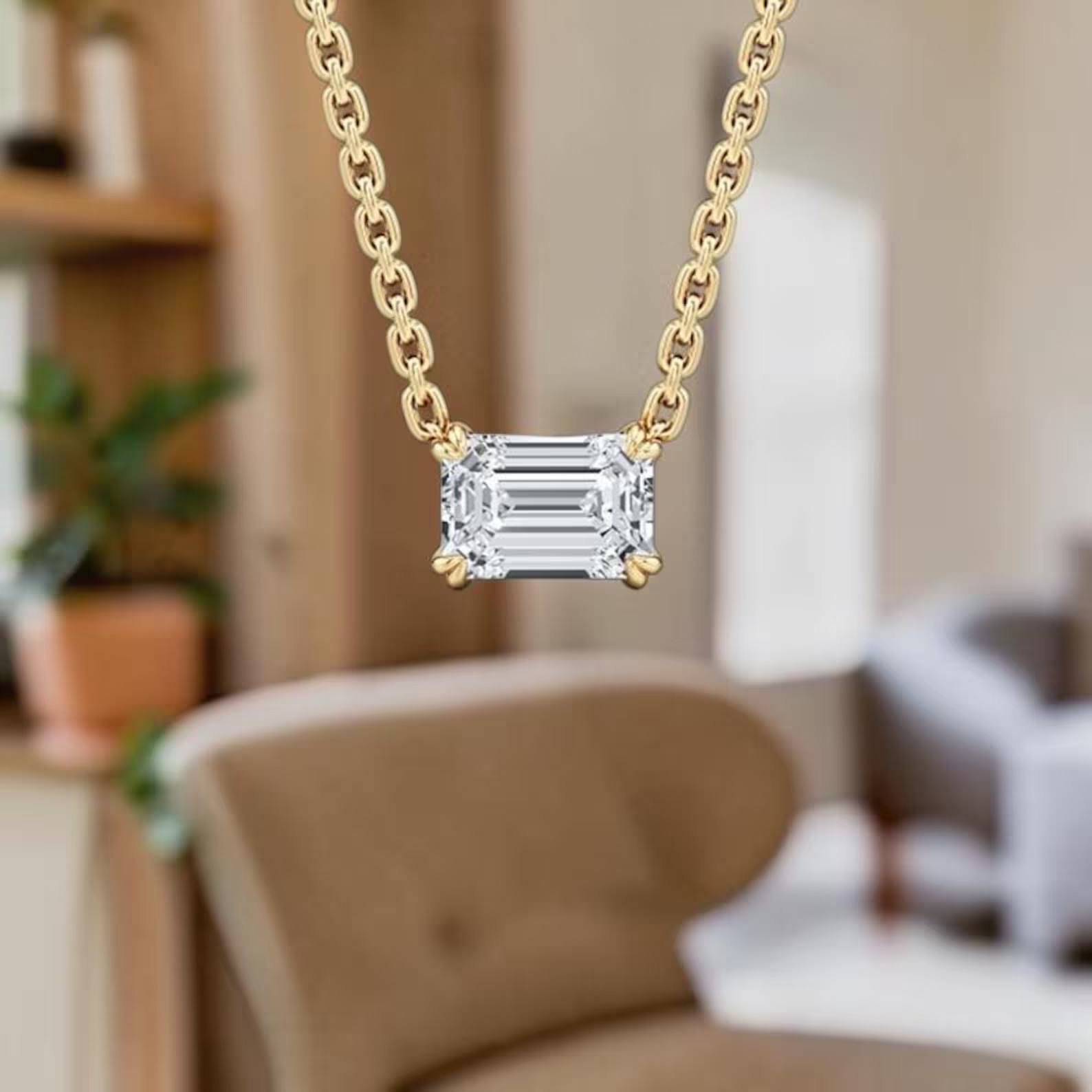 4-Prong Emerald Cut Moissanite Hidden Bail Necklace 1CT D/VS1 Teardrop Necklace