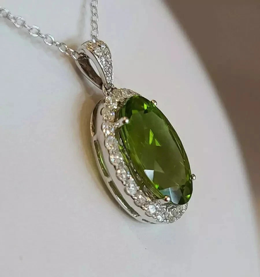 4Ct Oval Simulated Peridot Diamond Halo Pendant 14k White Gold Finish Free Chain