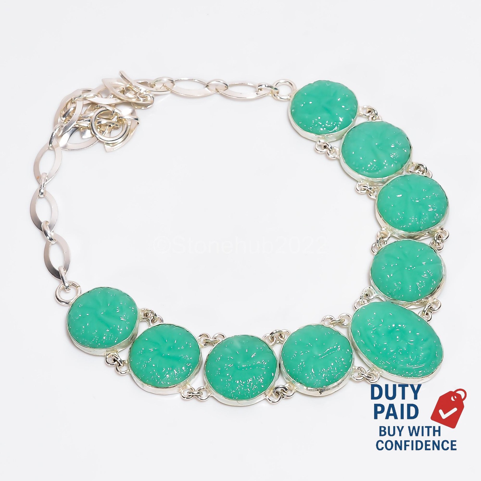 Sterling Silver Round Genuine Peru Chalcedony Channel Set Chain Necklace Jewelry