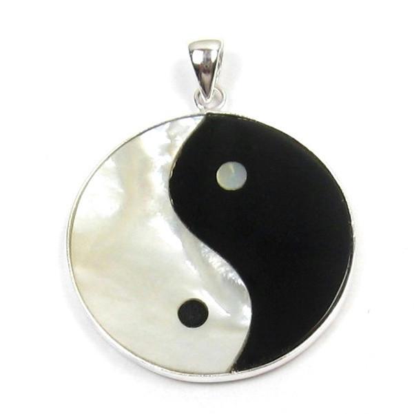 Genuine Black Agate & White Mother of Pearl Yin Yang Sterling Silver Pendant