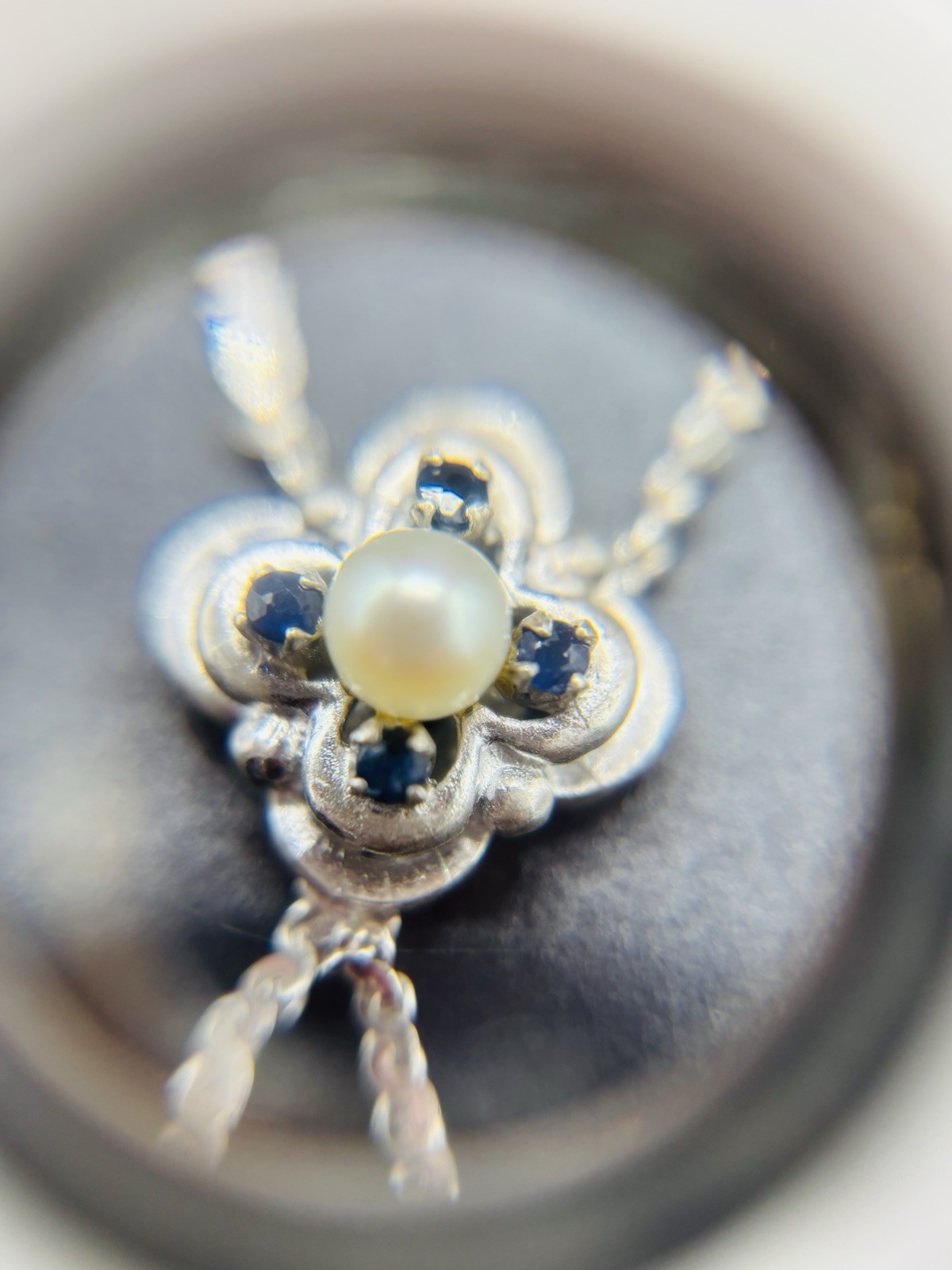 Vintage 835 German Silver Genuine Sapphire & Pearl Pendant Necklace 16.5”
