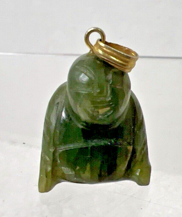 Vintage Solid Carved Jade Budda Man Pendant Charm Deep Green 7/8 inch