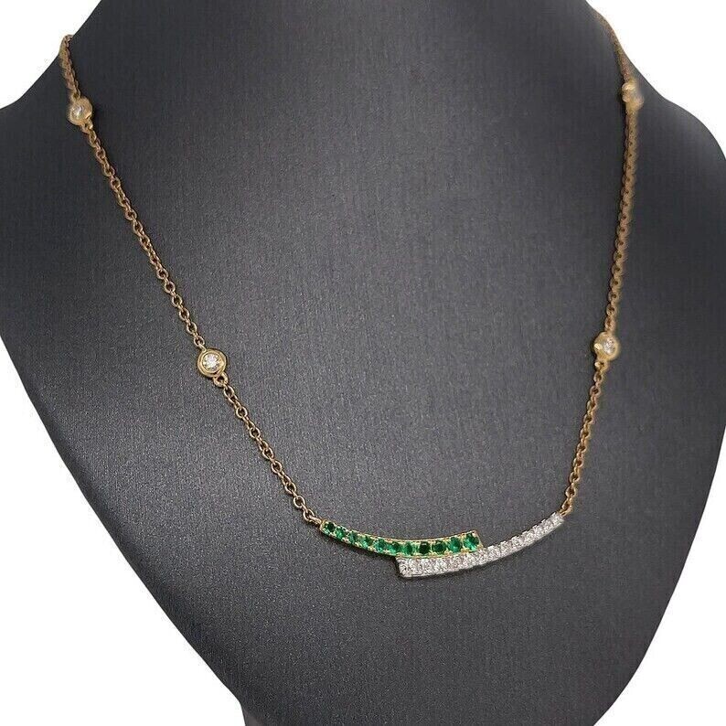 14K Yellow FN Lab Created Emerald Double Bar Charm Diamond By The Yard Necklace