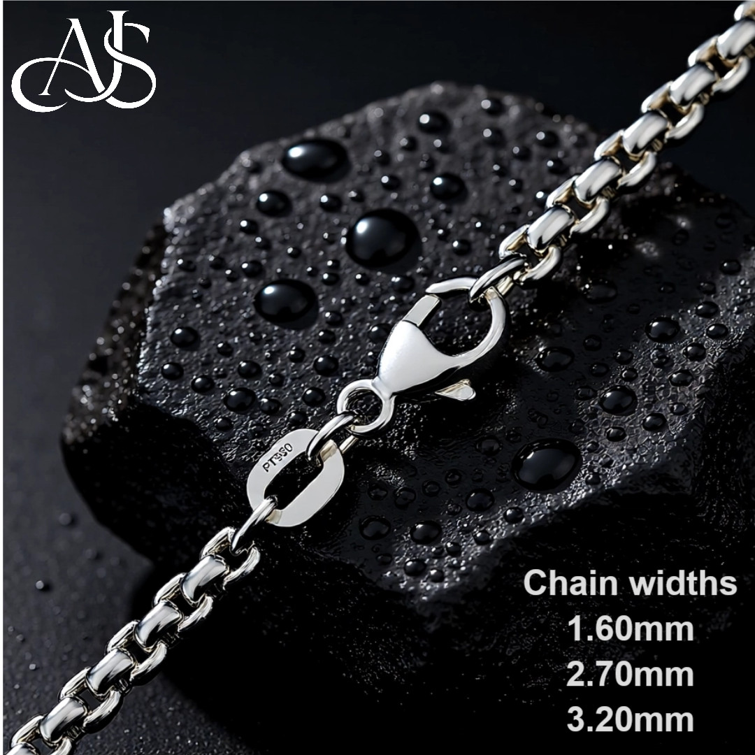 Round Box 950 Platinum Chain Necklace Widths 1.6mm, 2.7mm, and 3.2mm