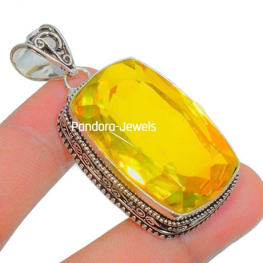 Yellow Citrine Gemstone Handmade 925 Sterling Silver Cushion Cut Jewelry Pendant