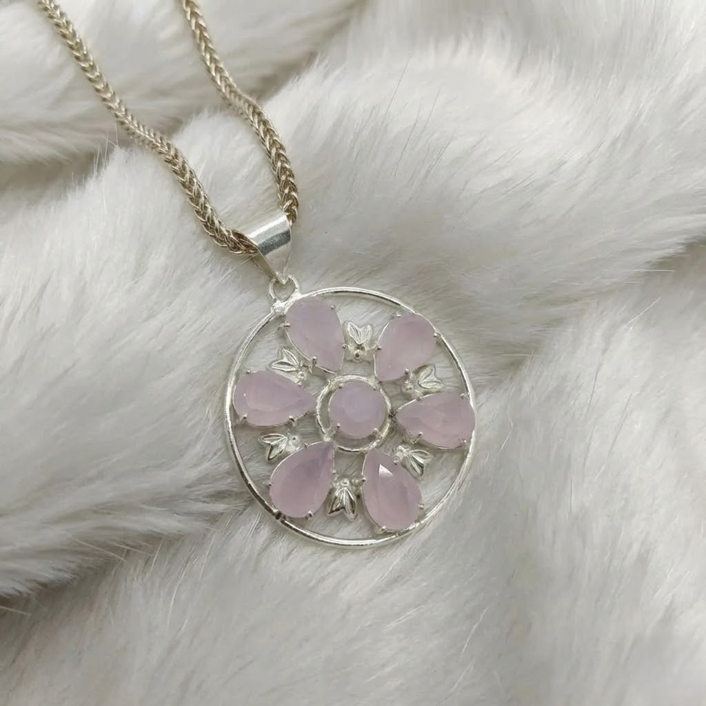 50-55Ct Rose Quartz Pendant Sterling Silver | Pink Crystal Floral Necklace