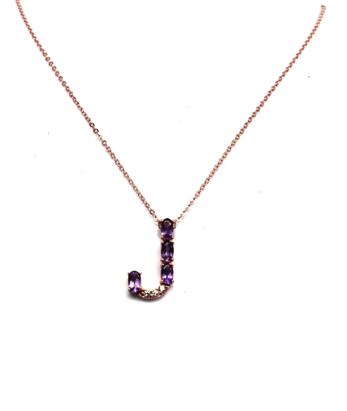 Stunning Natural Purple Amethyst Initial J -18K Rose Gold Pendant/Necklace 20 in