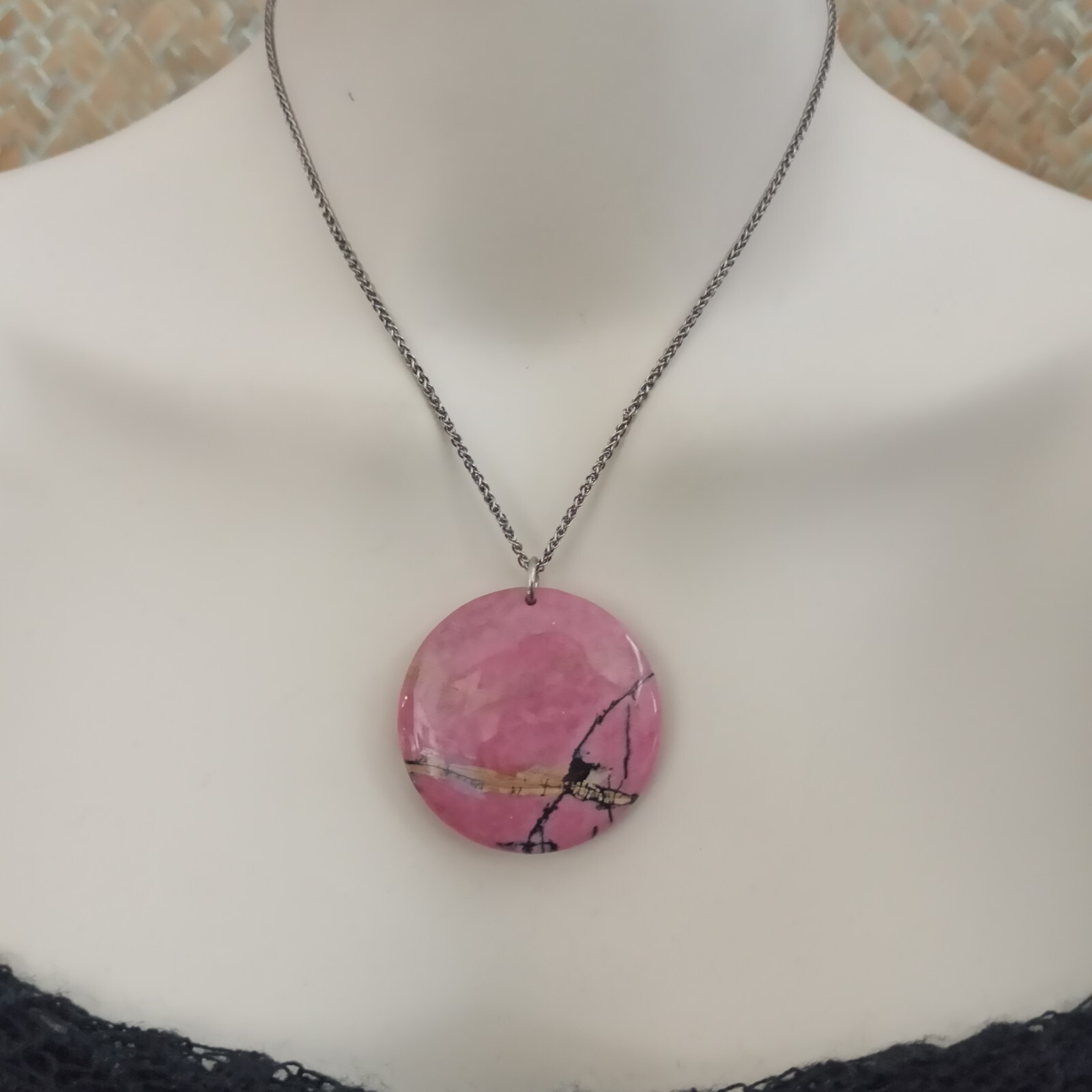 Natural Stone Pendant Sterling Silver Necklace Huge Natures Abstract Art Pink