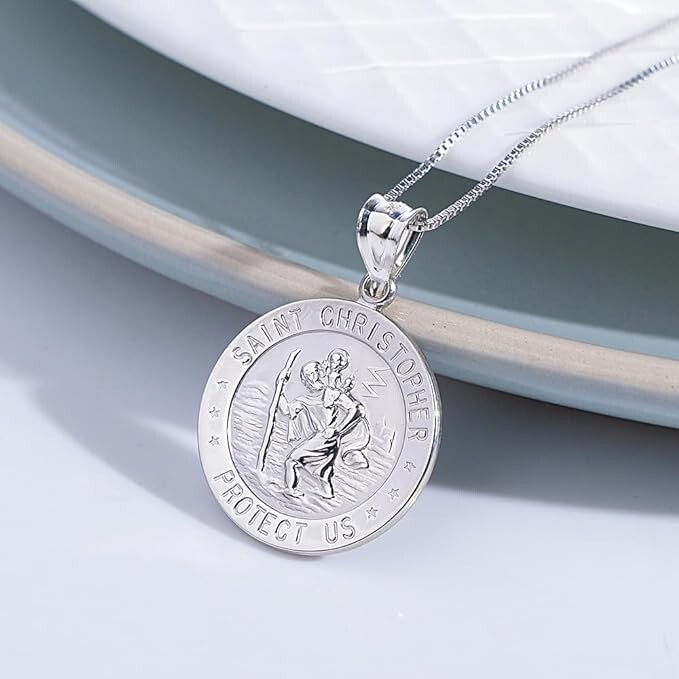 925 Sterling Silver 20MM Saint Christopher Religious Pendant Necklace 16″-24″