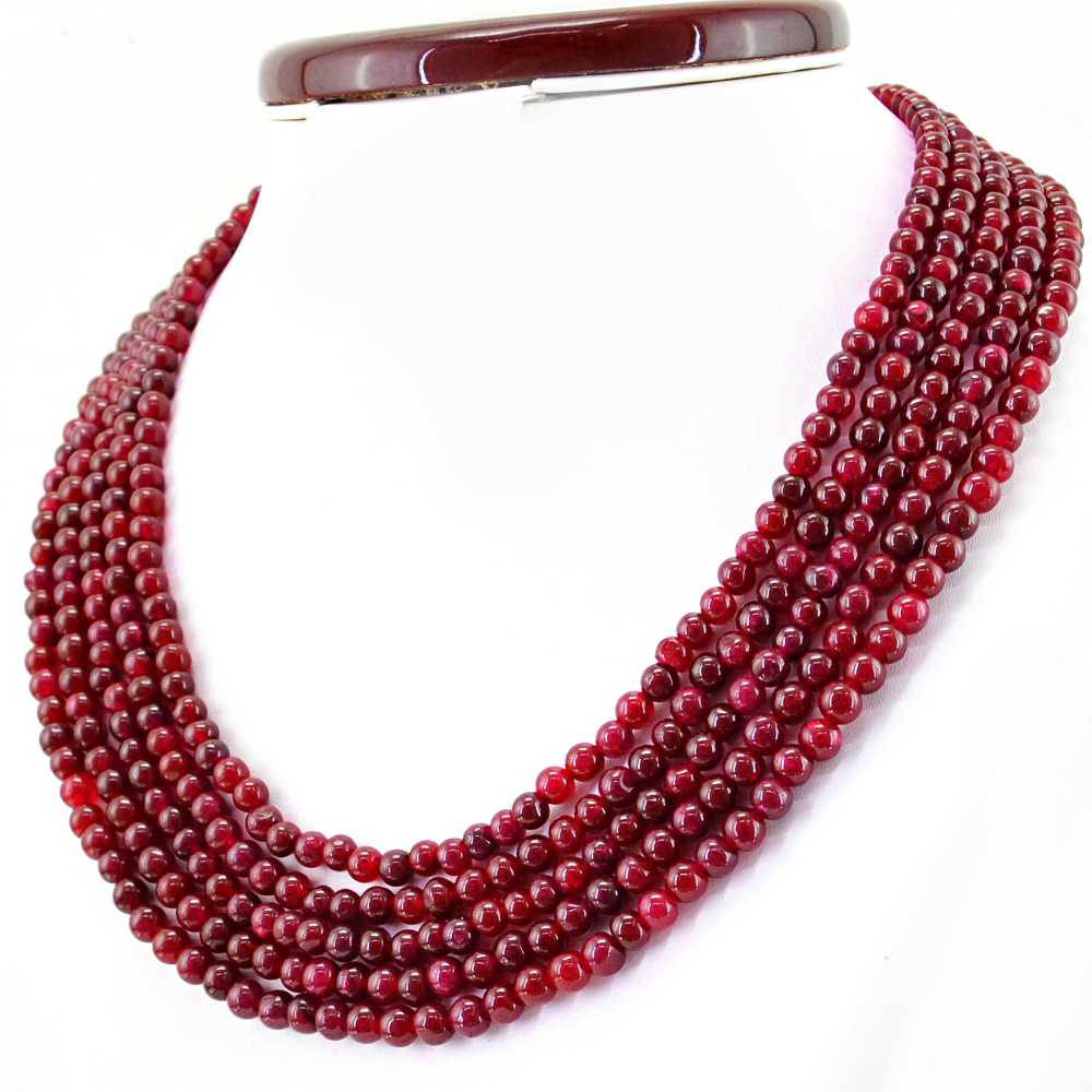 Amazing 5 Strand 553.50 Cts ENHANCED Ruby Round Shape Beads Necklace (RS)