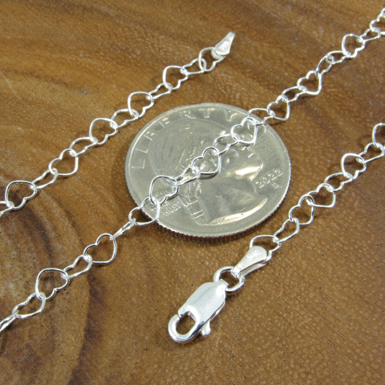 Solid 925 Sterling Silver Womens Heart Link Chain Necklace, Anklet, or Bracelet