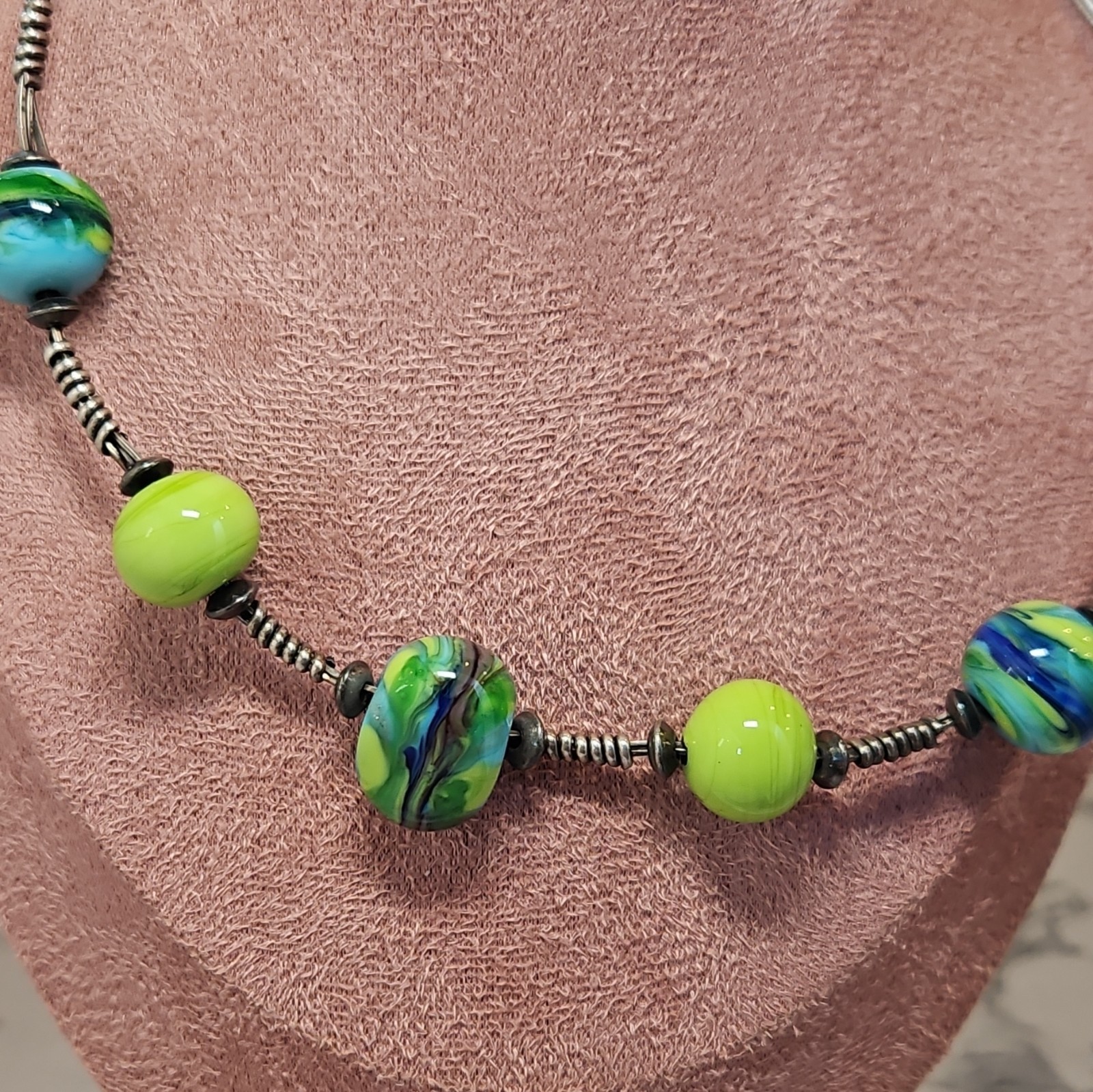 Sterling Silver 925 Beaded Choker Necklace Green Blue Glass Beads Artist Wrapped